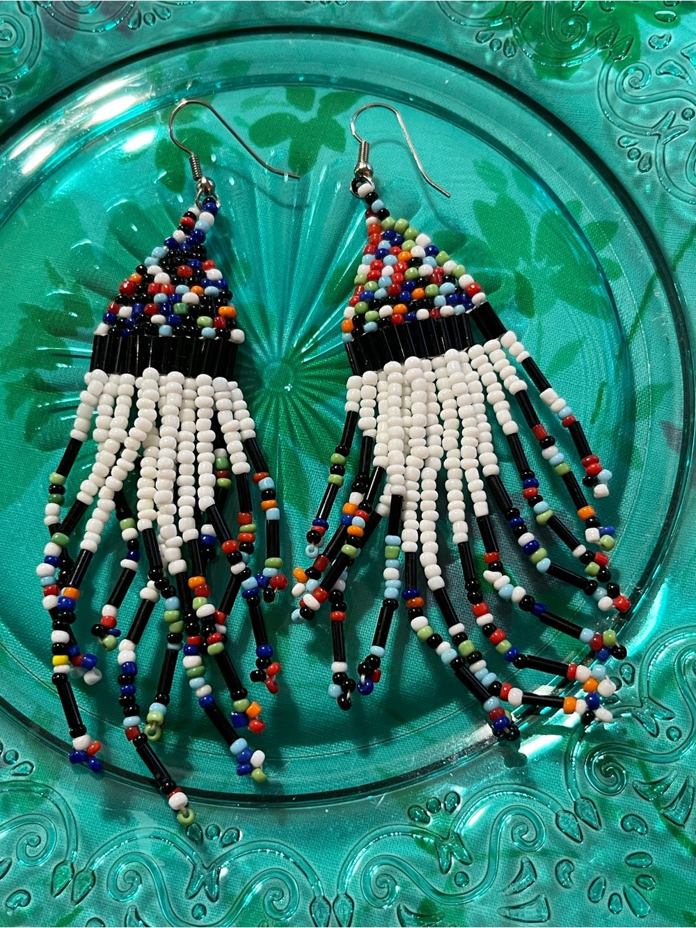 Vintage Native Artisan Seed Beaded Dangle Pierced Earrings